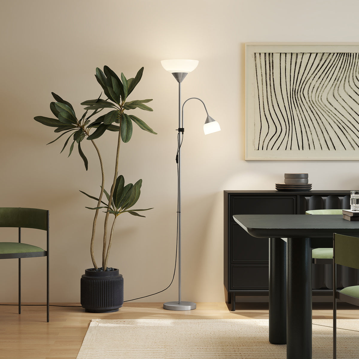 LED Floor Lamp for Living Room, 180cm Tall Standing Lamp, Mother and Child Uplighter with Adjustable Gooseneck, Silver Tone