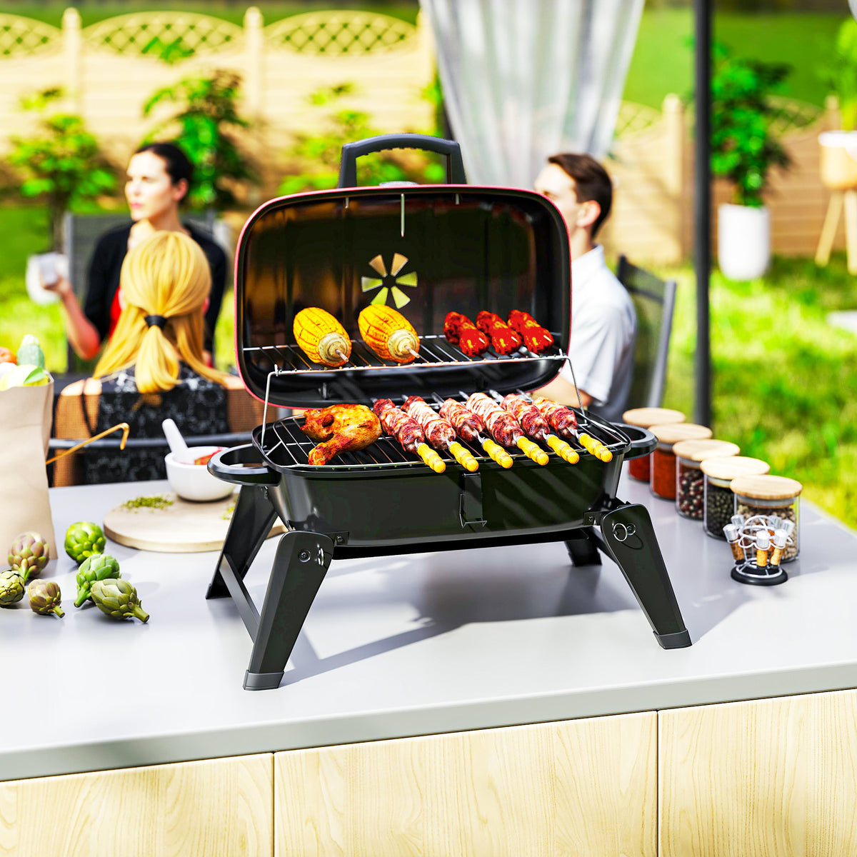 Outsunny Charcoal Barbecue Grill Folding Portable BBQ Grill for Camping with 1232 cm² Cooking Area, Adjustable Vent, Thermometer, Handles for Picnic, 59 x 37 x 36 cm, Red