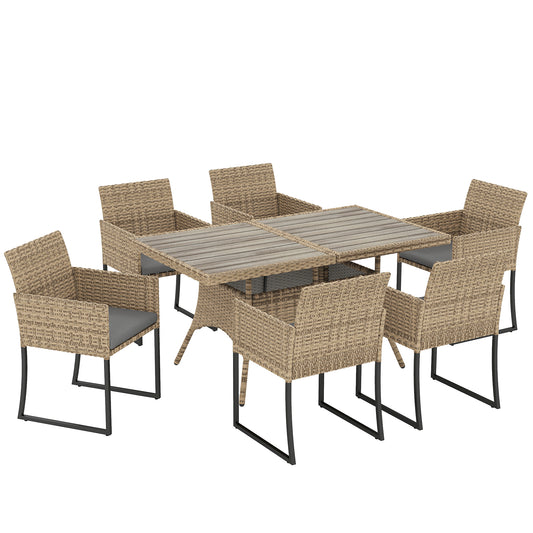 Outsunny 7 Piece Rattan Garden Furniture Set, Garden Dining Set with Wood-Plastic Table and 6 Stackable Chairs, Dark Grey