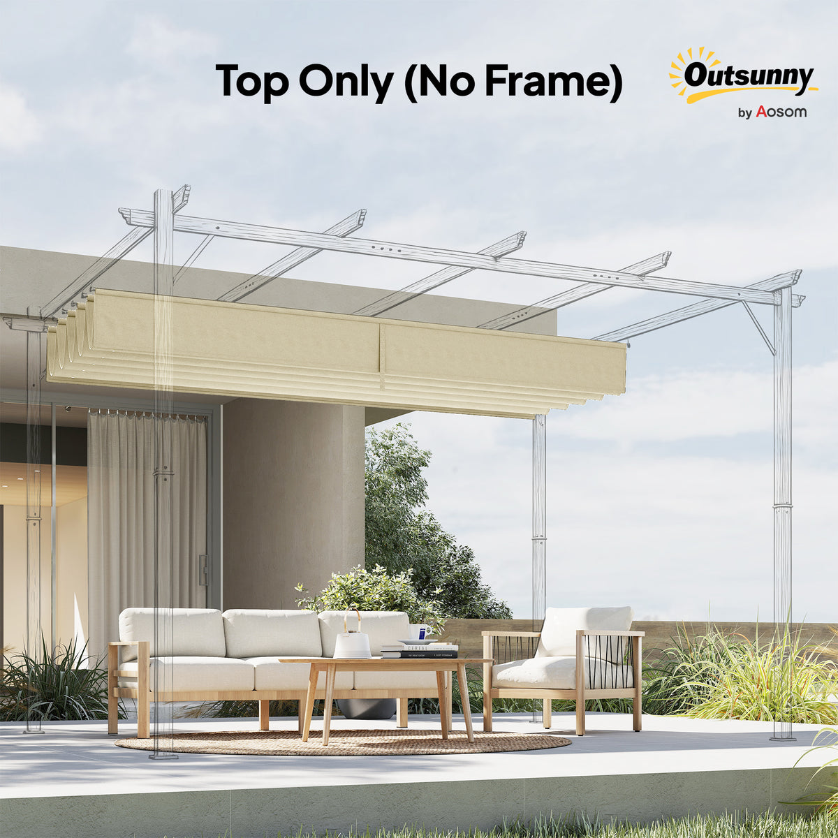 Outsunny Retractable Pergola Cover, 3.5 x 2.6 m Replacement Canopy Fabric for 4 x 3 m Frame, Roof Top Only, Cream White
