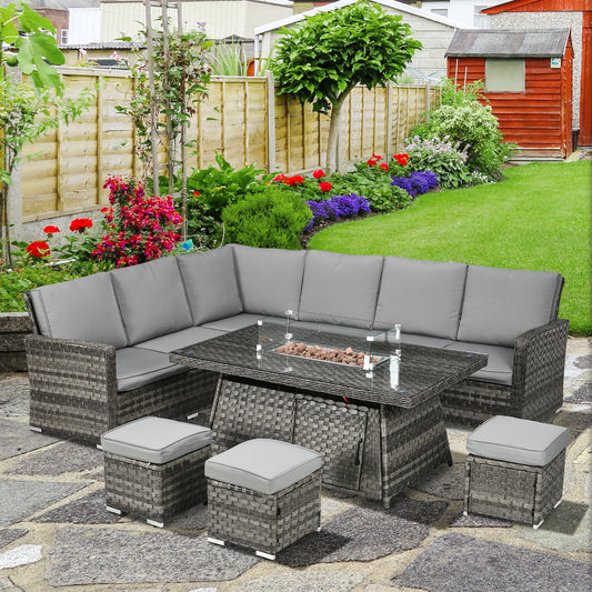 Outsunny All-Season Fire Pit Patio Furniture Set Wicker Sofa Set With 50000 Btu Fire Table For Outdoor Gatherings - Grey