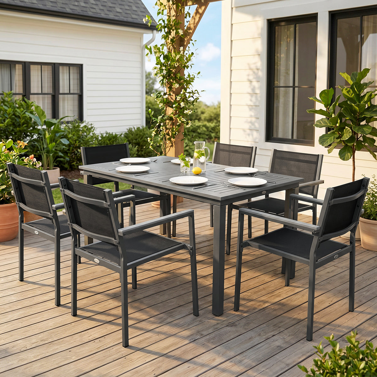 Outsunny Garden Dining Set with Acacia Wood Table Top, Outdoor Table and Stackable Chairs Set for 6 with Texteline Seat, for Patio, Conservatory, Terrace, Grey