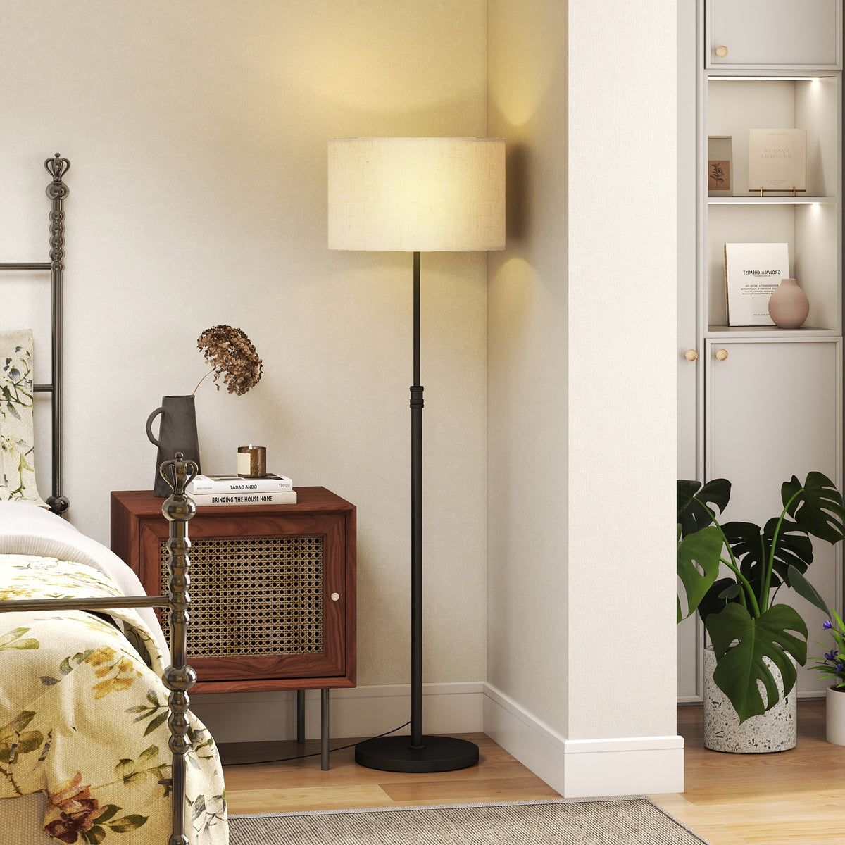 Floor Lamp with Remote, Height Adjustable Standing Lamp with Linen Shade, Dimmable with 3000K-6000K Adjustable Colour Temperatures, Foot Switch for Living Room Bedroom Office, Black