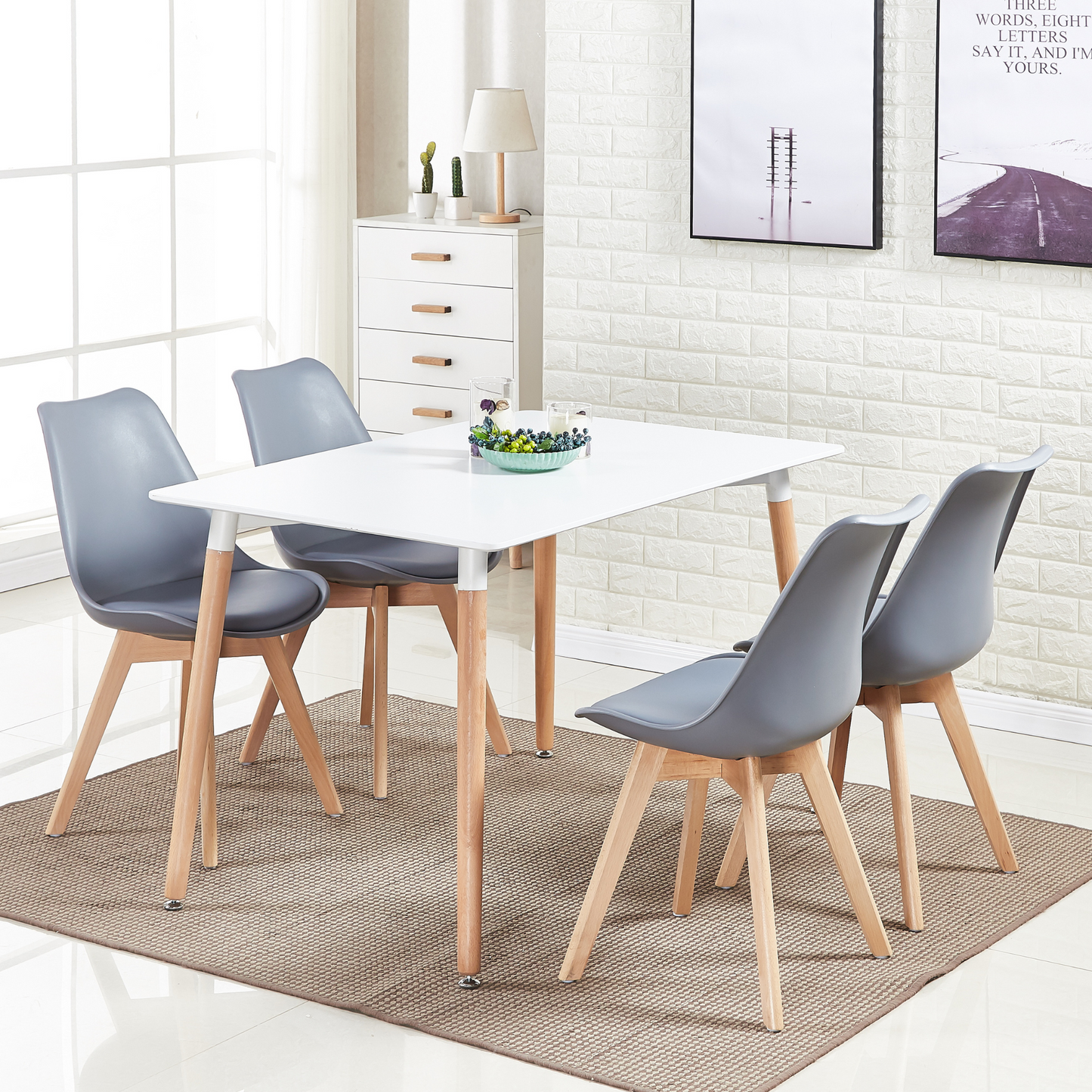 5PCs Dining Set - White Halo Dining Table & Set of 4 Lorenzo Tulip Dining Chairs