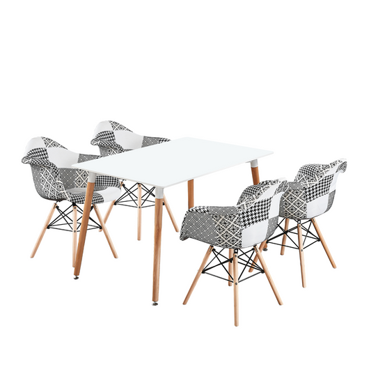 White Halo Dining Table & Set of 4 Black/White Patchwork Accent Chairs