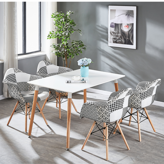 White Halo Dining Table & Set of 4 Black/White Patchwork Accent Chairs