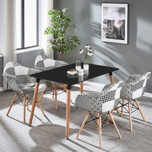 Black Halo Dining Table & Set of 4 Black/White Patchwork Accent Chairs