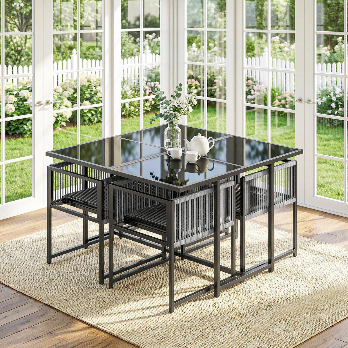 Outsunny 5 Pieces Garden Dining Set, Outdoor Patio Cube Set, 4 Seater Outdoor Table and Chairs with Foldable Backrest, Light Grey