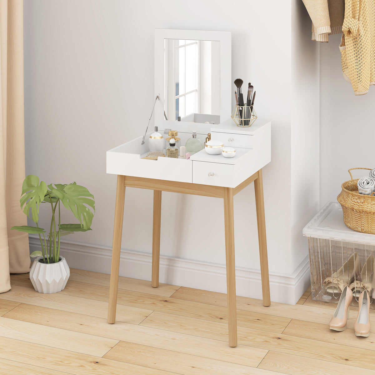 Dressing Table with Flip-up Mirror, Makeup Desk with 2 Drawers and Pine Wood Legs, Vanity Table Writing Desk for Bedroom Living Room, White