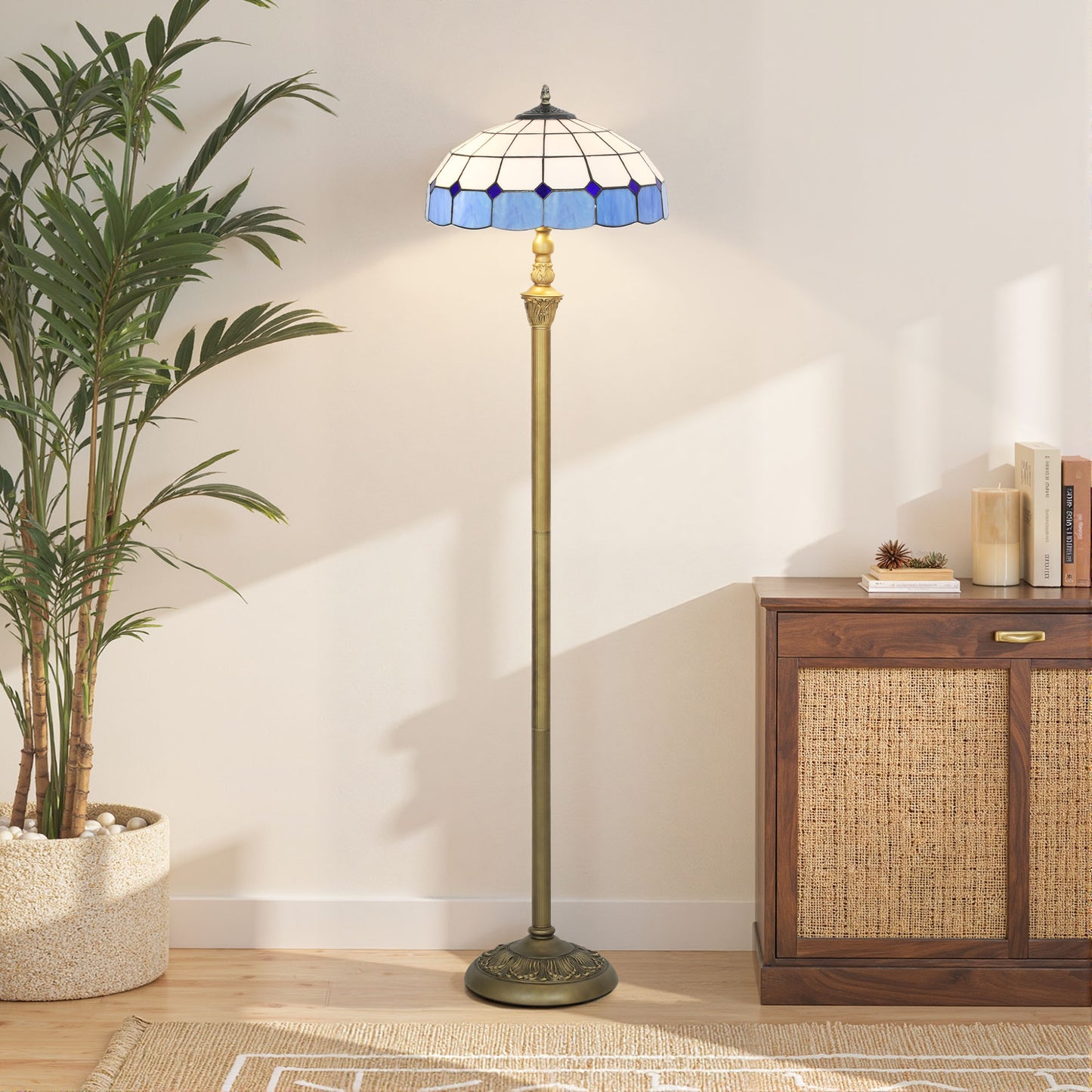 Tiffany-Style Floor Lamp with Handcrafted Stained Glass Shade, 152cm Tall Vintage Standing Lamp with Foot Switch and Dual Sockets for Living Room Bedroom, Bronze Tone and Blue