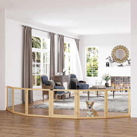 PawHut Wooden Pet Gate, Freestanding Dog Security Barrier with Two Support Feet - Natural Tone