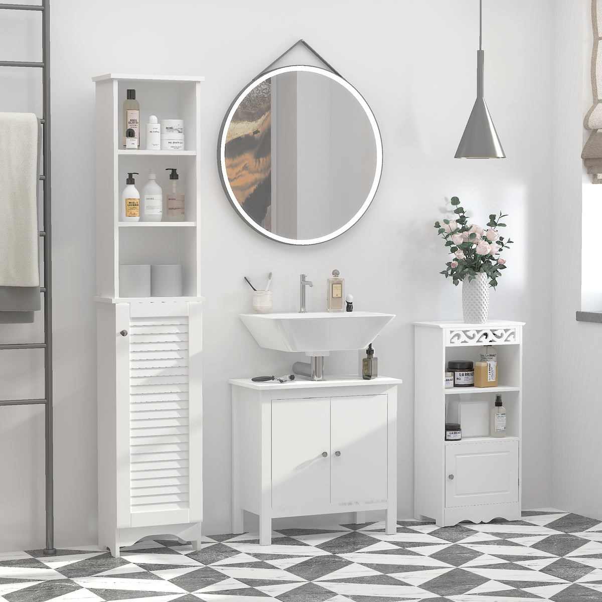 Tall Bathroom Cabinet, Freestanding Slim Bathroom Storage Unit with Adjustable Shelves and Shutter Door, Floor Storage Cupboard with 6 Shelves, 165H x 34W x 20D cm, White
