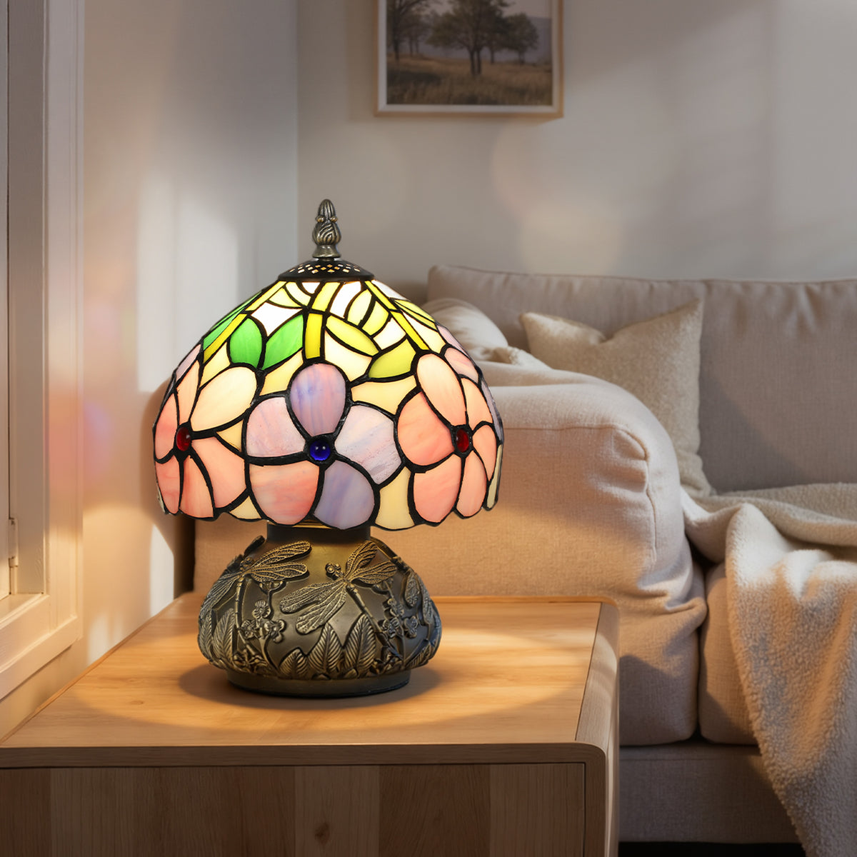Tiffany-Style Table Lamp with Sculpted Dragonfly Base, Handcrafted Classic Stained Glass Bedside Lamp for Living Room and Bedroom, E27 Socket, Pink