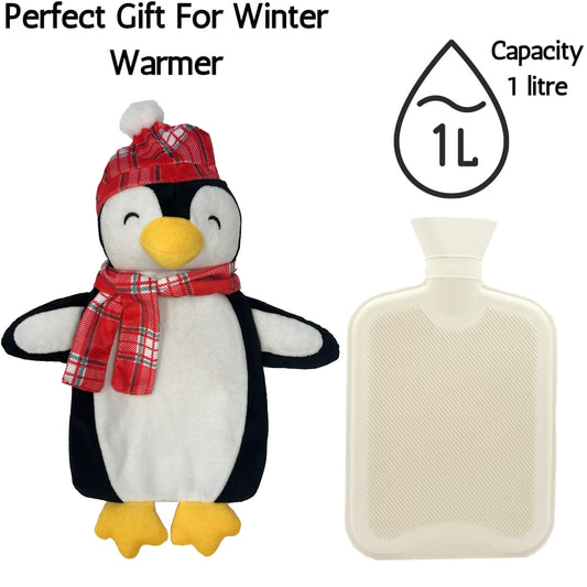 Christmas Hot Water Bottle with Festive Penguin Cover 1L Natural Rubber UK Safe Tested Winter Ideal Gift for Adults Kids by OLIVIA ROCCO