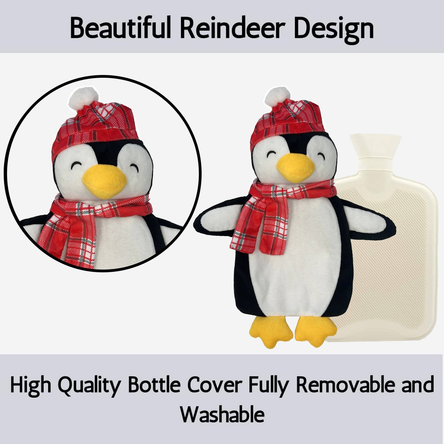 Christmas Hot Water Bottle with Festive Penguin Cover 1L Natural Rubber UK Safe Tested Winter Ideal Gift for Adults Kids by OLIVIA ROCCO
