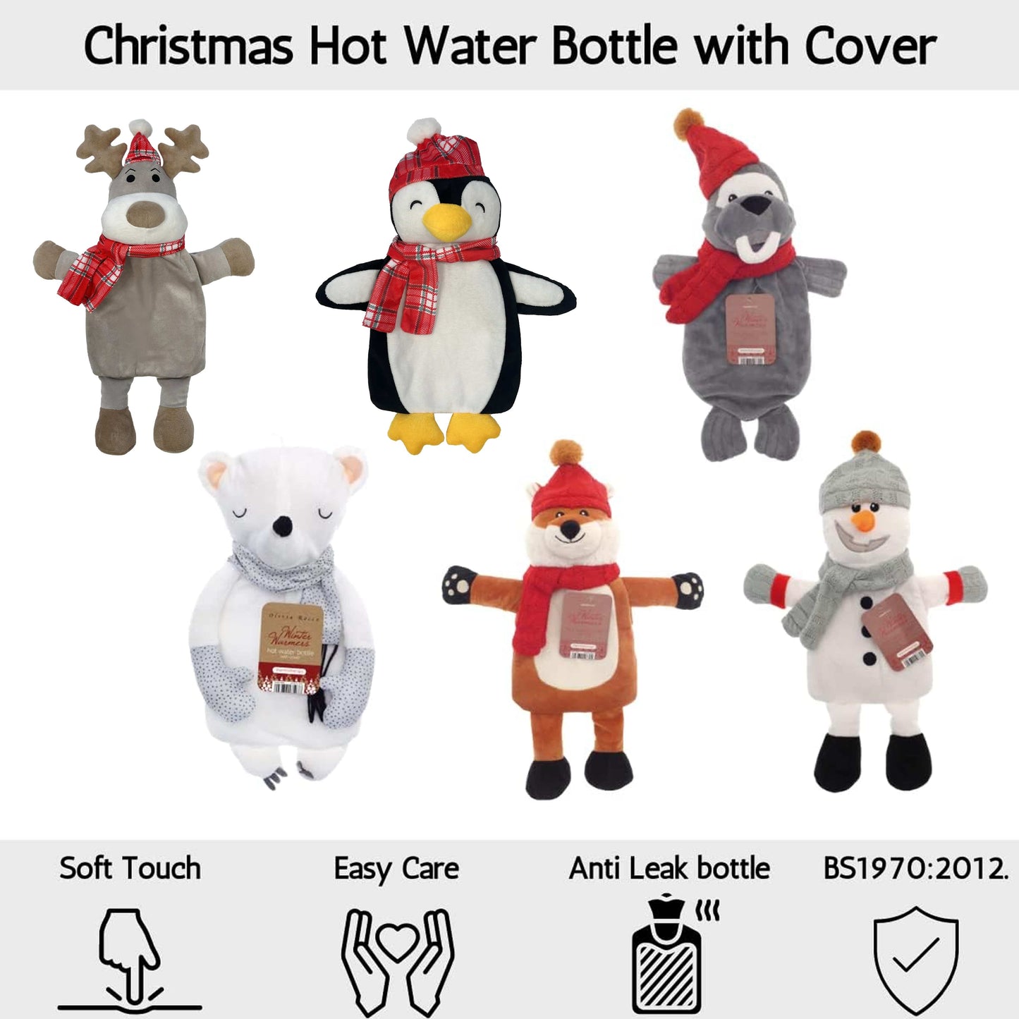Christmas Hot Water Bottle with Festive Reindeer Cover 1L Natural Rubber UK Safe Tested Ideal Gift for Adults Kids by OLIVIA ROCCO