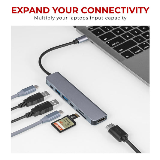 Nikkai USB-C Multiport Hub to 2x USB-A 3.0 / HDMI / 2x USB-C / SD & MicroSD Card Reader
