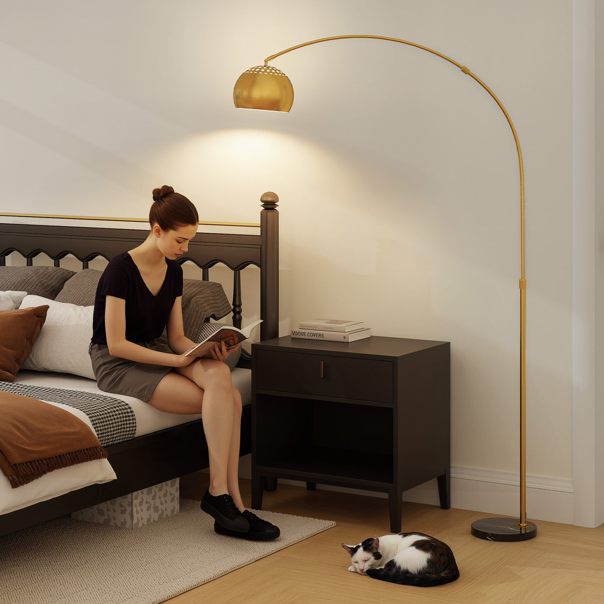 167cm Arc Floor Lamp for Living Room, Modern Adjustable Standing Lamp with Foot Switch, Faux Black Marble Base and Bell Shade for Home Offices, Bedrooms, Gold Tone