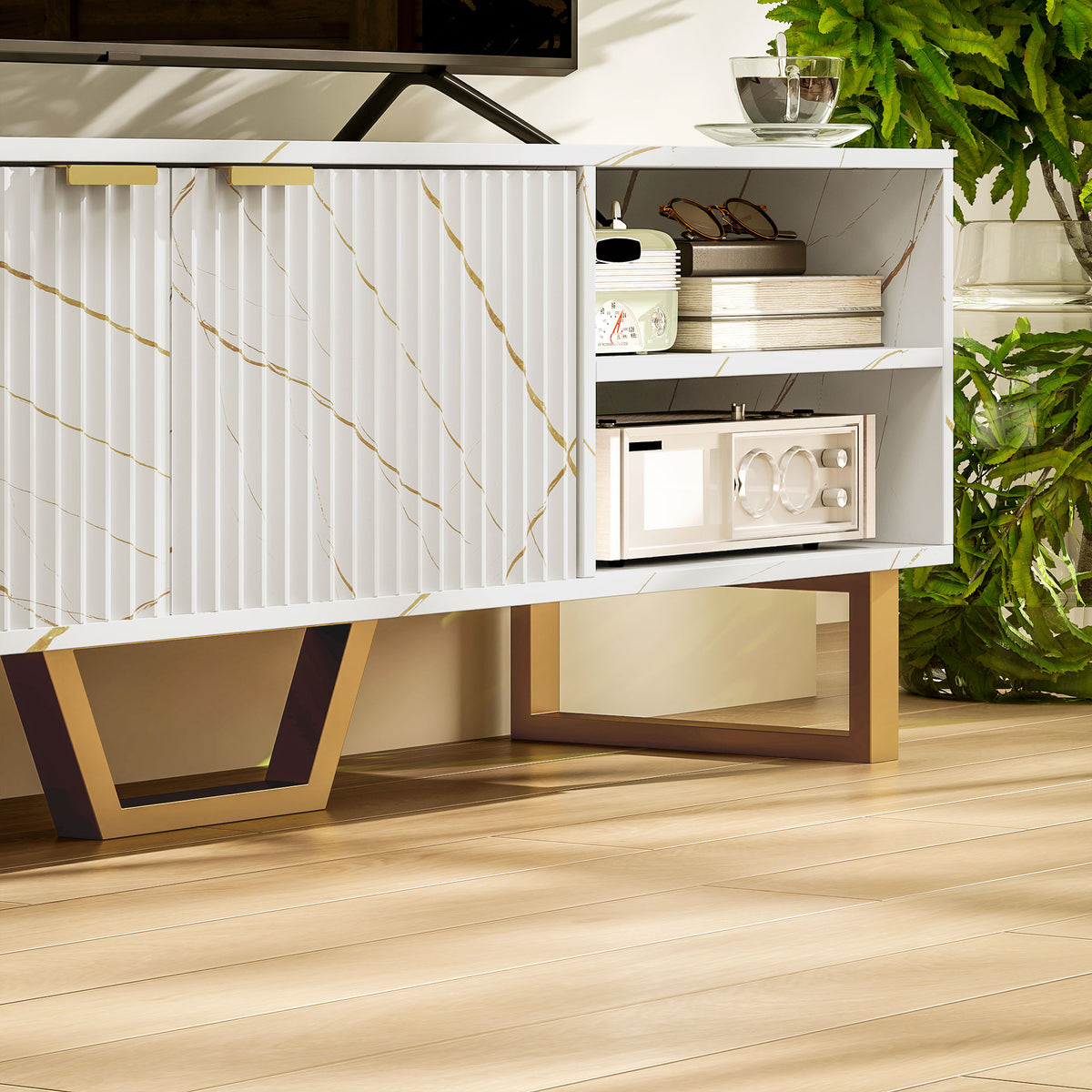 Marble Effect TV Unit, Modern TV Stand Cabinet for up to 70" TVs, with Shelves and Storage Cupboard, Fluted Door, Extra Centre Leg, Cable Management for Living Room, White