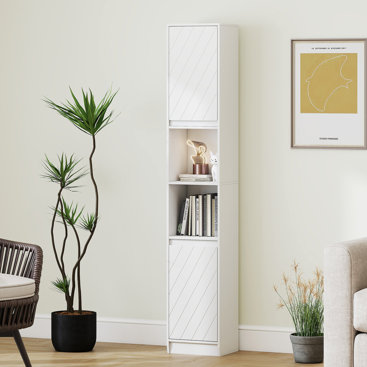 Narrow Bathroom Cabinet, Slim Bathroom Storage Unit with Open Compartment, Freestanding Storage Cupboard with Adjustable Shelves for Small Spaces, 30 x 24 x 170 cm, White