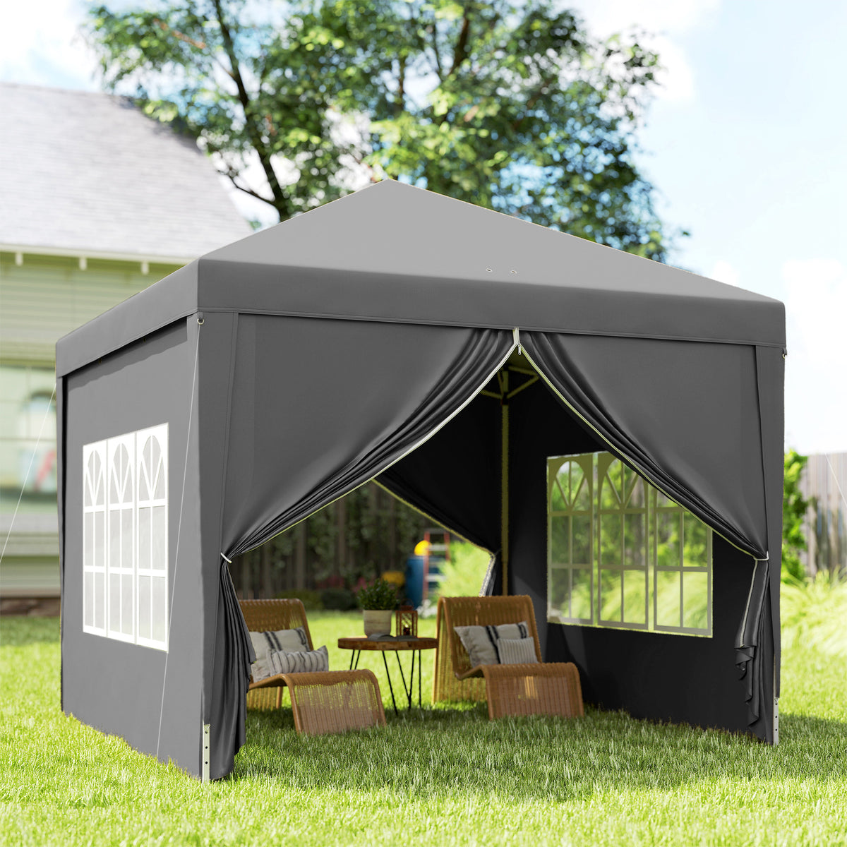 Outsunny 3 x 3 m Garden Pop Up Gazebo, Wedding Party Tent Marquee, Water Resistant Awning Canopy with Sidewalls, Windows, Carry Bag, Grey
