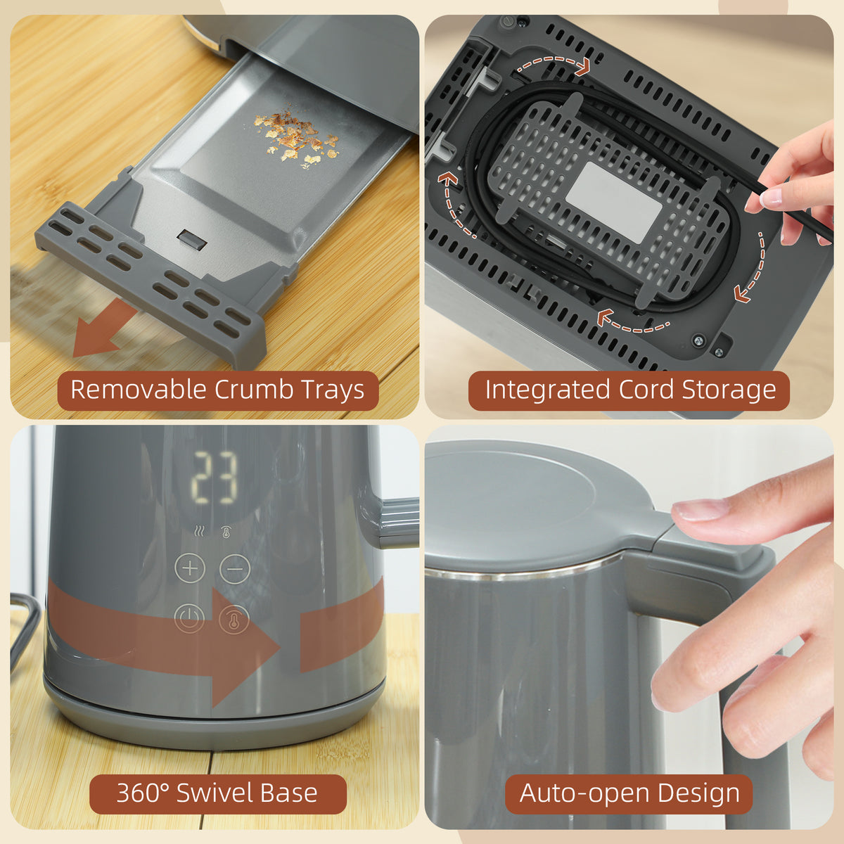 Digital Stainless Steel Kettle and Toaster Set, 1.5L 3000W Fast Boil Kettle, 2 Slice Toaster with 7 Level Browning Controls, Defrost, Reheat, Keep Warm, Crumb Tray and LED Touch Display, Grey