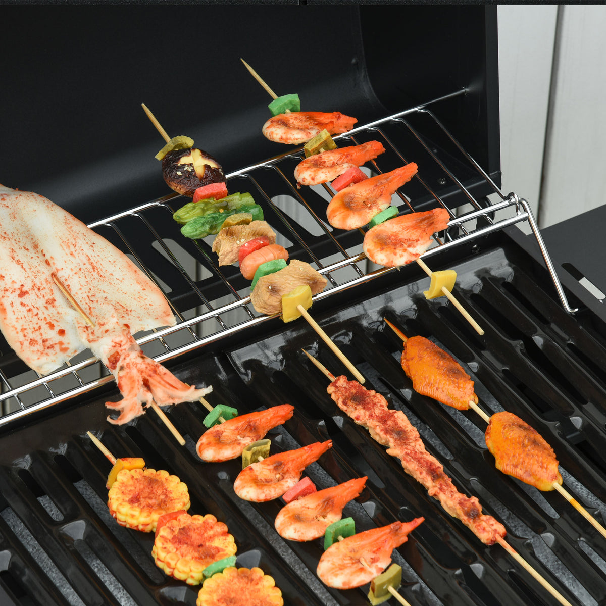 Outsunny 3+1 Burner Gas BBQ Grill, Outdoor Barbecue Trolley with Wheels, Warming Rack, Side Shelves, Cabinet, Thermometer for Garden, Party, Camping, 110L x 50W x 100Hcm, Black
