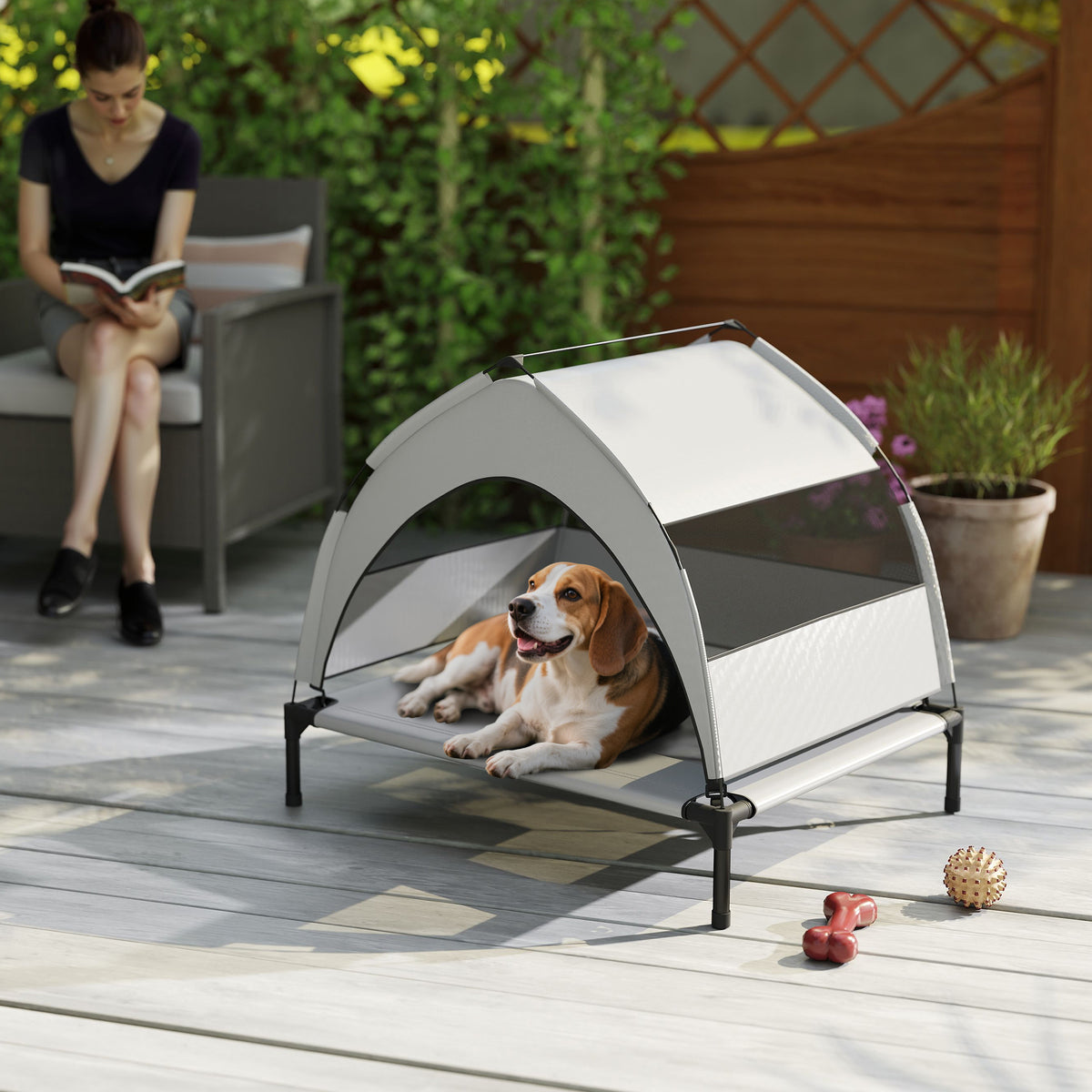 PawHut Portable Elevated Dog Bed with Removable Canopy, Cooling Raised Pet Cot for Small Medium Dogs, 76 x 61 x 70 cm