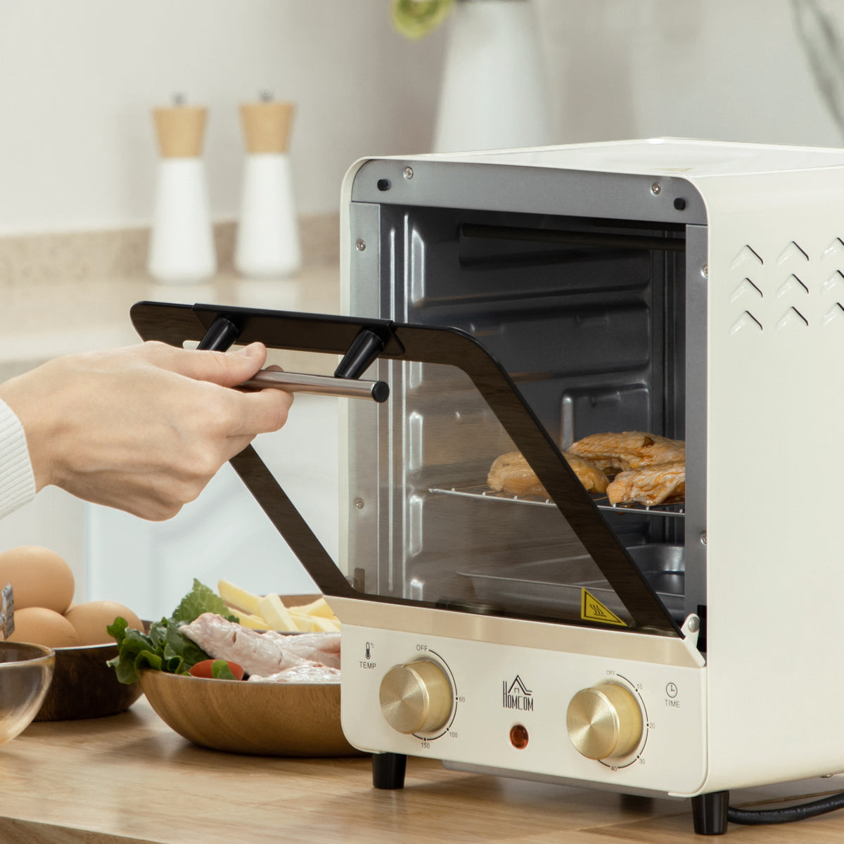 Mini Oven, 15 Litres Electric Oven and Grill with 60-230? Adjustable Temperature, 60 Minute Timer, Include Baking Tray, Wire Rack and Crumb Tray, 1000W, Cream White