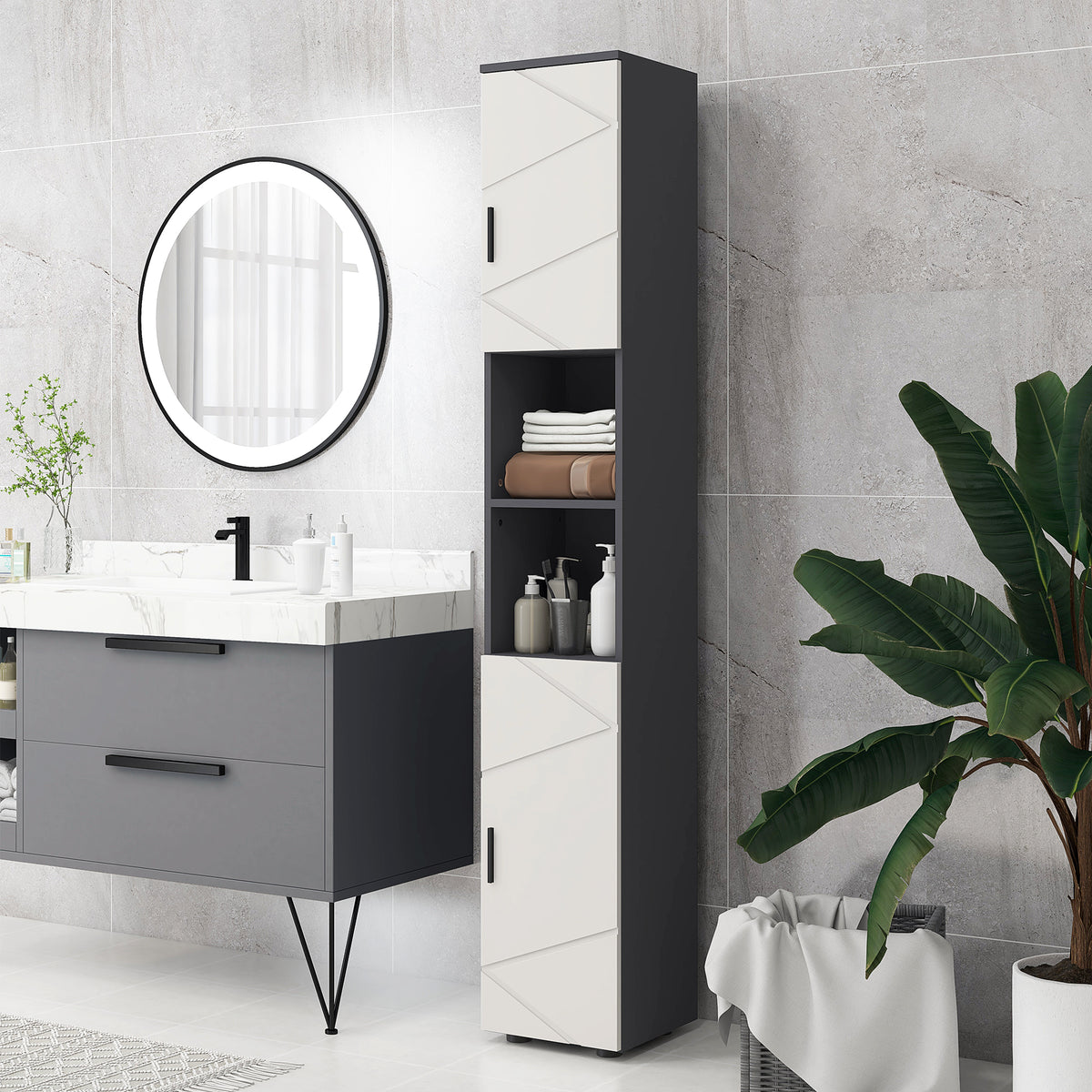kleankin Line Embossed Tall Bathroom Storage Cabinet with Three-position Adjustable Shelves for Minimalist Style - Grey