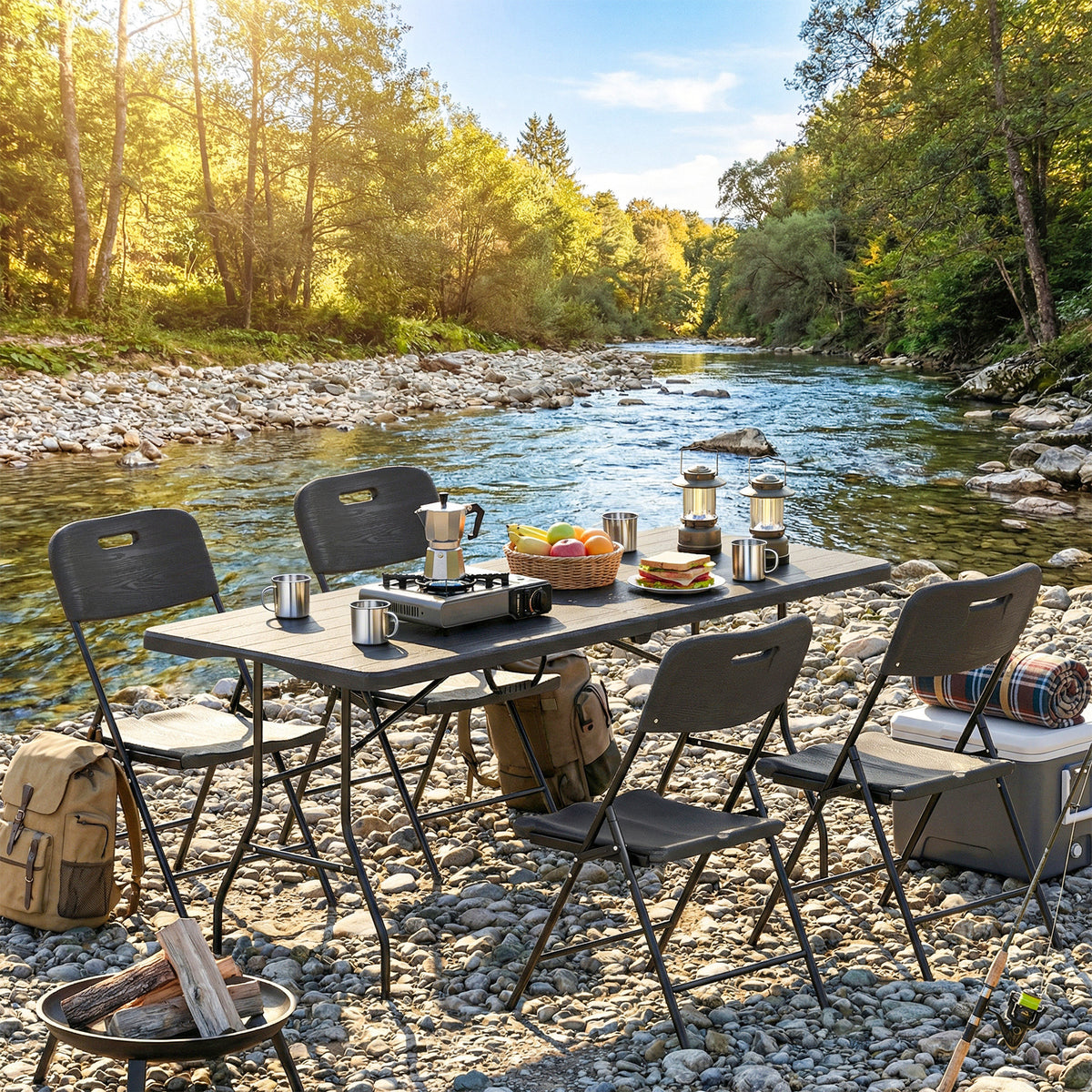 Outsunny 5 Piece 6ft Foldable Table and Chairs, Portable Picnic Table Set with 4 Chairs, Waterproof Top and Steel Frame, Black