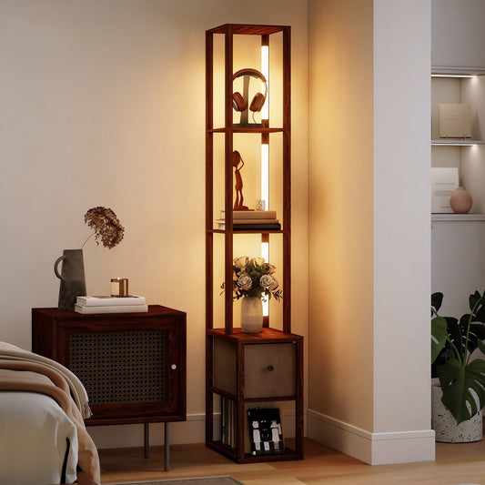 Floor Lamp with Shelves, LED Column Modern Standing Lamp with Fabric Drawer, Adjustable Brightness, Foot Switch for Living Room, Bedroom, Office, Dark Brown