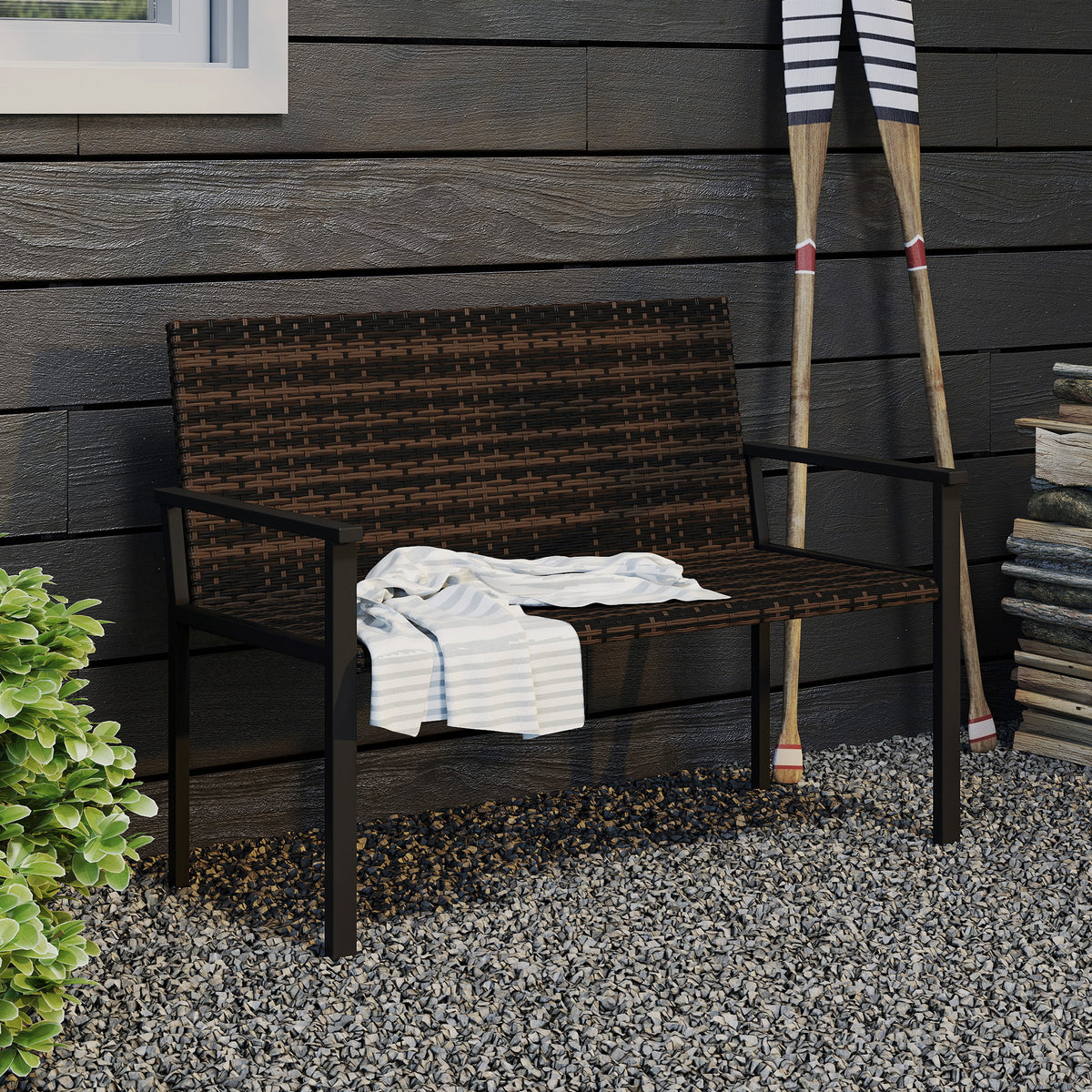 Outsunny 2 Seater Rattan Garden Bench, Outdoor Bench with Quick-Drying Cotton Padding, Wicker Garden Loveseat with Armrests, Steel Frame for Patio, Park, Mixed Brown