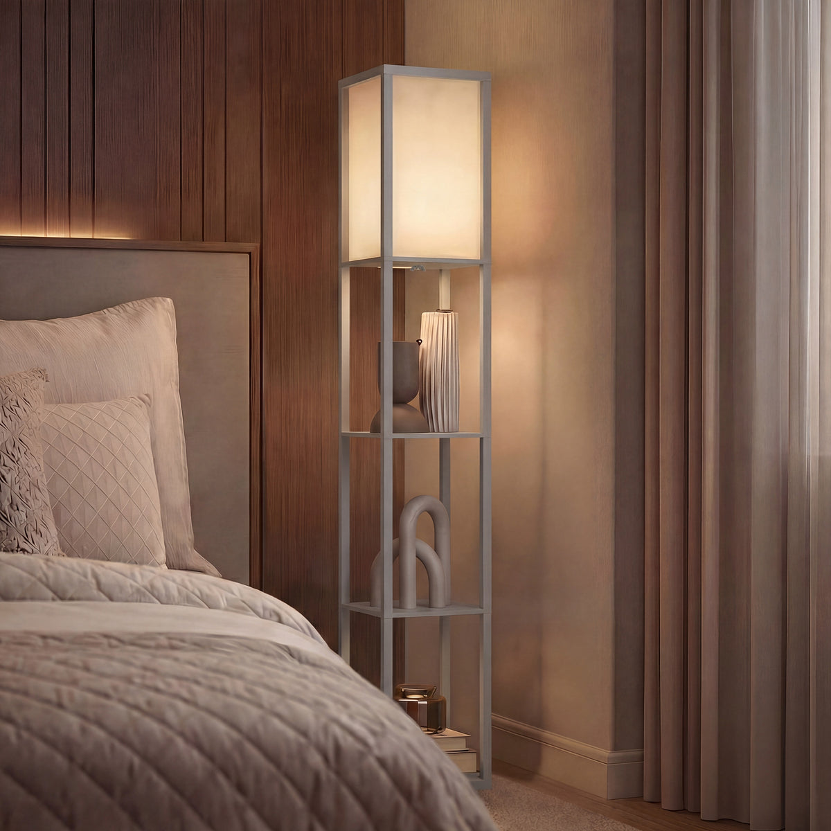 3-Tier Floor Lamp with Shelves and Storage, Modern Corner Standing Lamp with Lampshade, Reading Light with Foot Switch for Living Room, Bedroom, Home Office, Bulb not Included, Grey