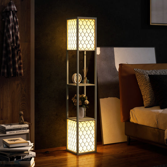 Floor Lamp with Shelves, Dual Light, Modern Tall Standing Lamps, with Pull Chain Switch (Bulb not Included), Light Grey