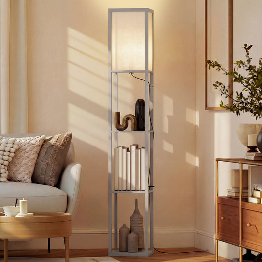3-Tier Floor Lamp with Shelves and Storage, Modern Corner Standing Lamp with Lampshade, Reading Light with Foot Switch for Living Room, Bedroom, Home Office, Bulb not Included, Grey