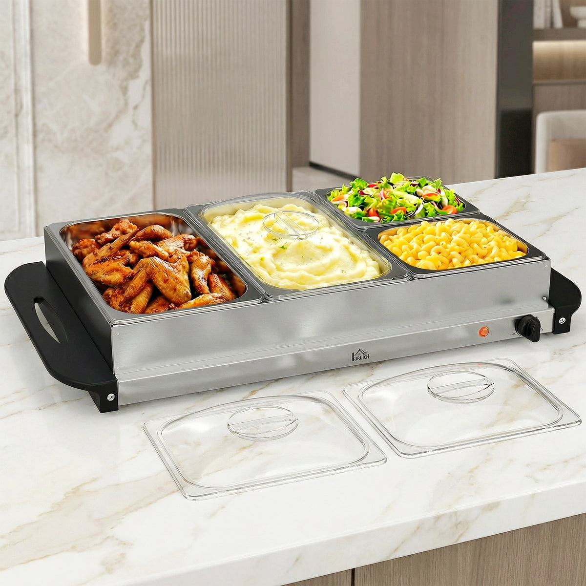 4 Tray Electric Food Warmer Buffet Server with Warming Plate, Cool Touch Handles, Adjustable Temperature, 300W, 2 x 2.4L and 2 x 1L Pans