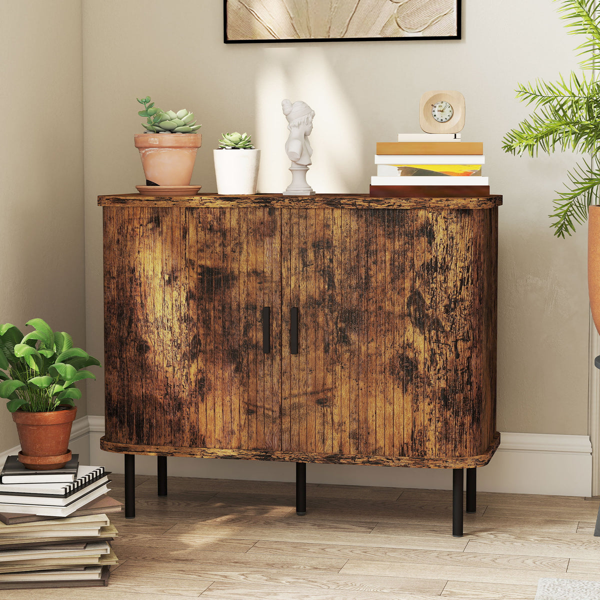 Mid-Century Modern Sideboard Storage Cabinet with Slatted Tambour Sliding Doors, Kitchen Cabinet with Steel Legs, Rustic Brown