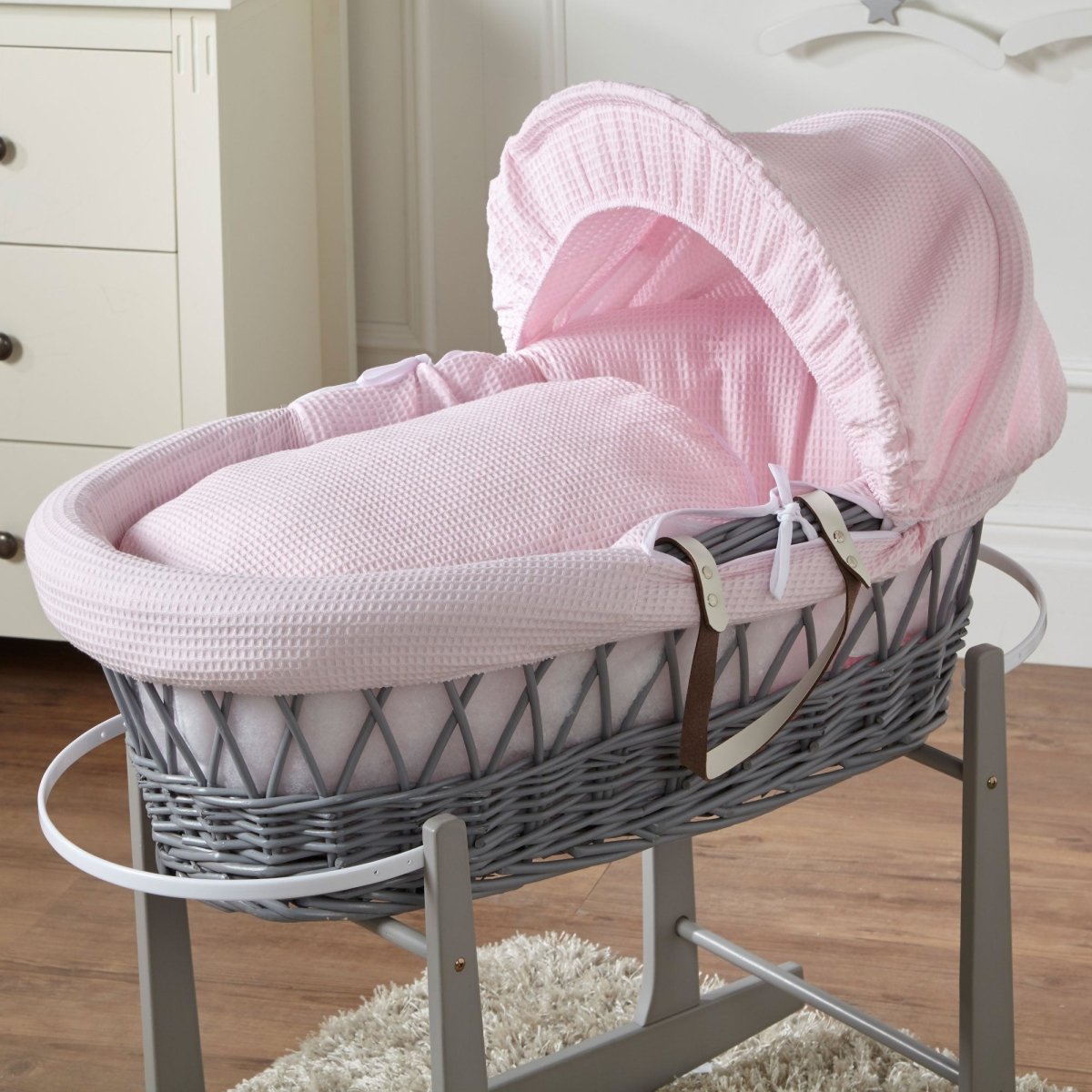 Pink Waffle Grey Wicker Baby Moses Basket With Stand