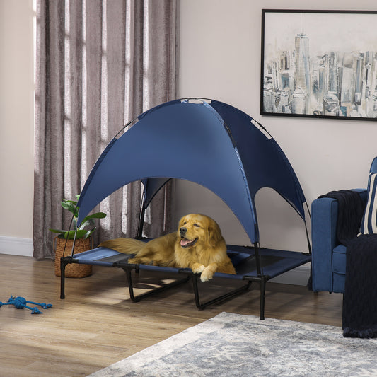 PawHut Outdoor Dog Bed with Removable Canopy, Portable Raised Dog Bed for Camping, Garden & Beach, Water-Resistant UV-Protection Mesh Pet Cot Sun Lounger, for XL Pets, 122 x 92 x 108 cm, Dark Blue