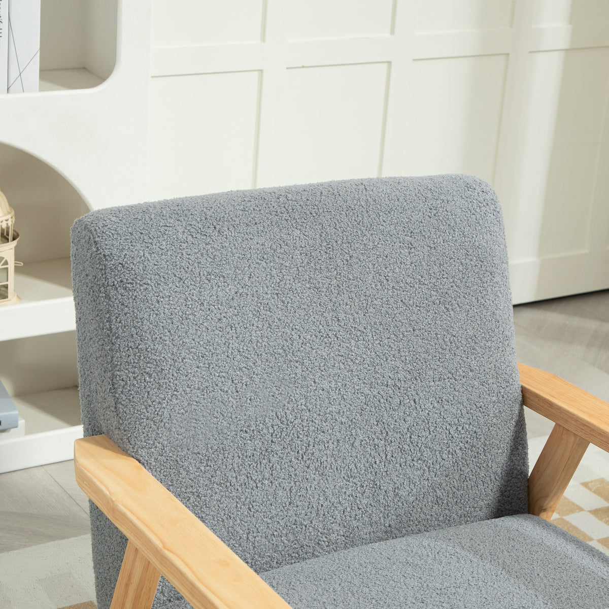Modern Armchair, Sherpa Fleece Upholstered Accent Chair with Solid Wood Legs and Wide Seat, Padding Lounge Chair for Living Room Bedroom Office, Grey