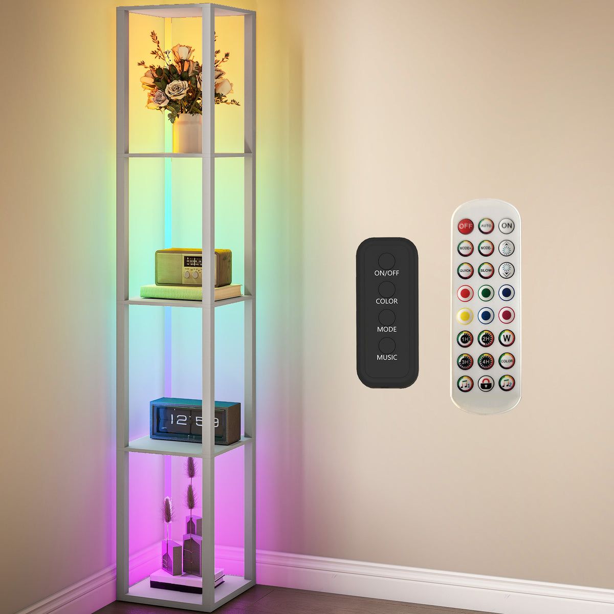 RGB LED Floor Lamp with Shelves, Modern Dimmable Standing Lamp with Remote Control, Adjustable Brightness & Speed for Living Room, Bedroom, Office, Grey