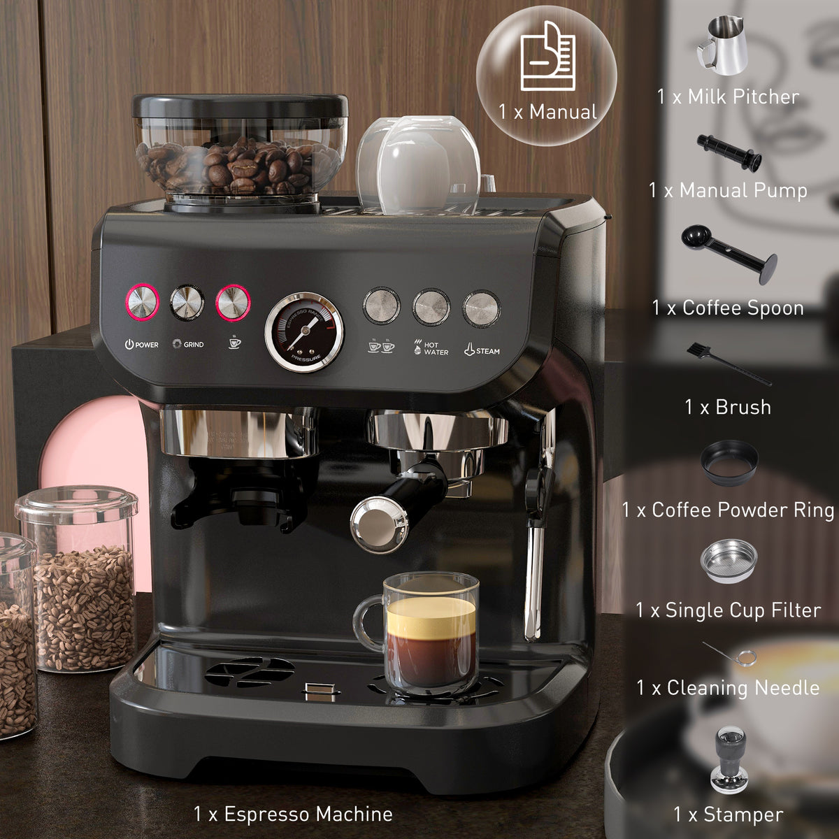 15 Bar Coffee Machine with Adjustable Grind, Steamer and Accessories, Good Housekeeping Institute Approved, Black