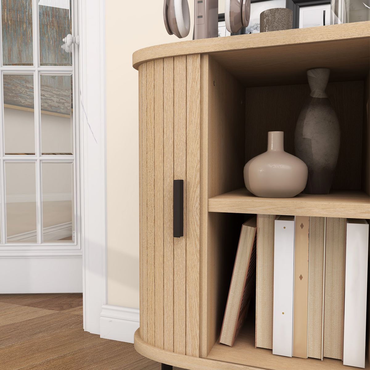 Mid-Century Modern Sideboard Storage Cabinet with Slatted Tambour Sliding Doors, Kitchen Cabinet with Steel Legs, Oak Tone
