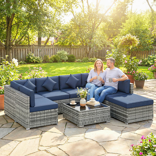 Outsunny 8 Pieces PE Rattan Corner Sofa Set, Outdoor Garden Furniture Set, Patio Wicker Sofa Seater w/ Cushion, Dark Blue