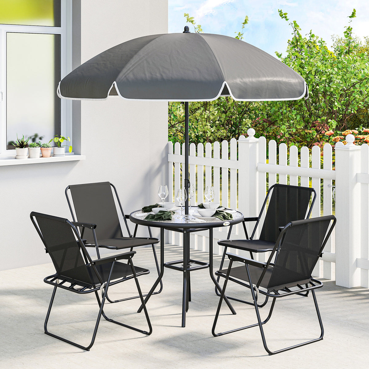 Outsunny 4 Seater Garden Furniture Set, 6 Pieces Garden Table and Chairs with Parasol for Patio, Black