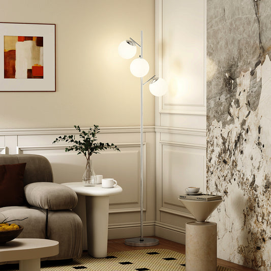 3-Light Tree Floor Lamps for Living Room, Modern Standing Lamp for Bedroom with Globe Lampshade, 3000K/4000K/6000K Colour Temperatures, Steel Base, Silver Tone