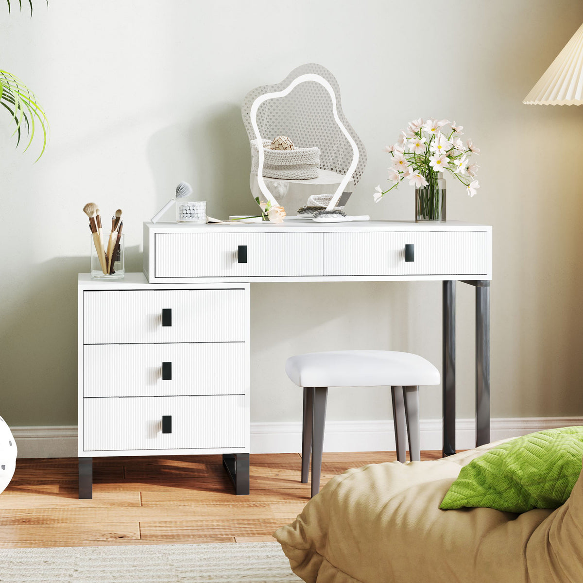 Dressing Table, Vanity Desk with Leaf Shape Mirror, Makeup Table with 5 Drawers, 3-Colour LED Lights, 100x40cm Tabletop, White