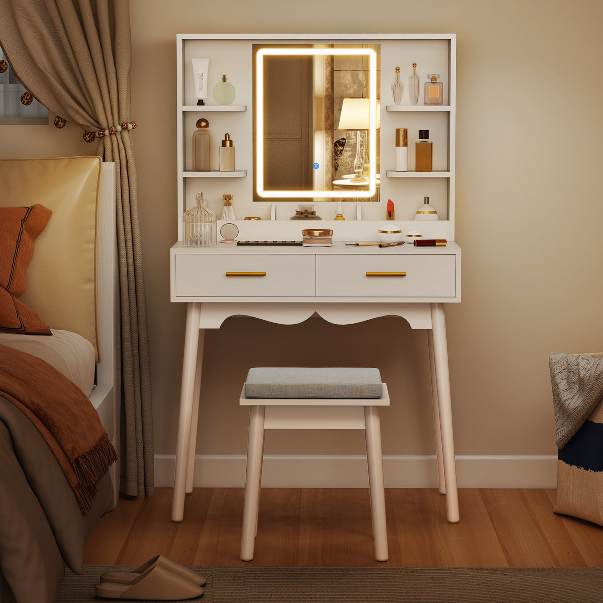 Elegant Dressing Table, with LED Mirror - White