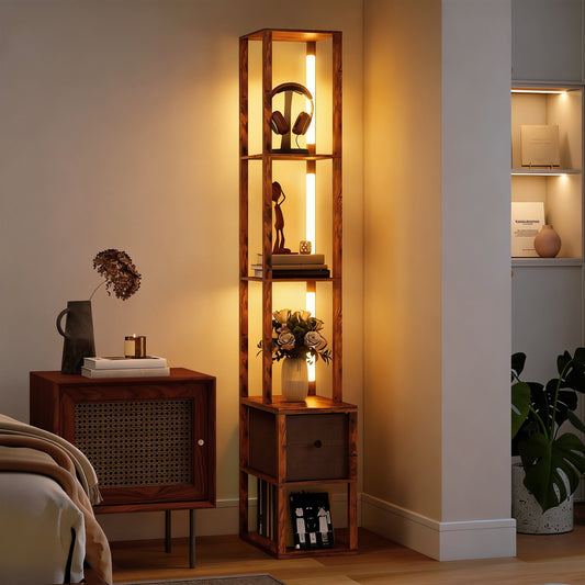 Floor Lamp with Shelves, LED Column Modern Standing Lamp with Fabric Drawer, Adjustable Brightness, Foot Switch for Living Room, Bedroom, Office, Rustic Brown